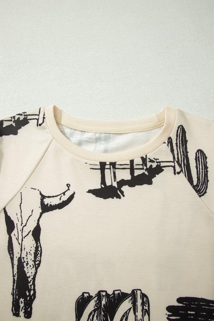 Beige Retro Western Print T Shirt