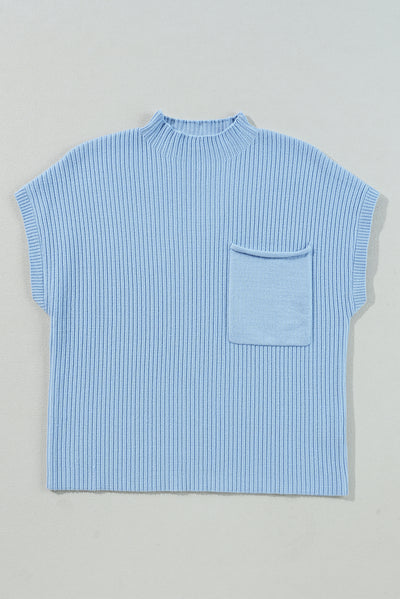 Beau Blue Patch Pocket Ribbed Knit Short Sleeve Sweater