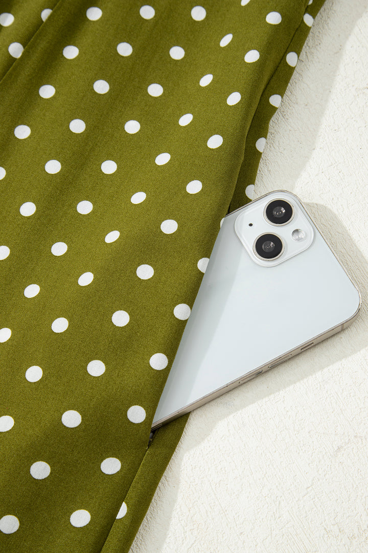 Green Polka Dot Print Lacy Neckline Smocked High Waist Maxi Dress