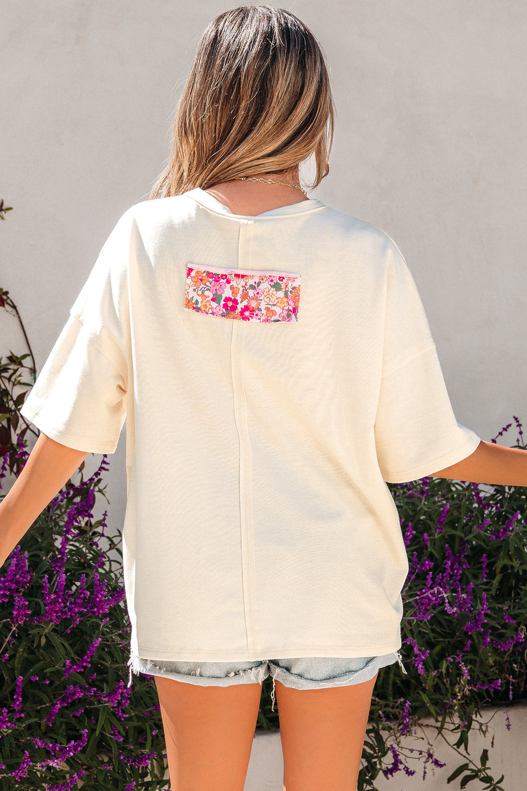 Jet Stream Floral Patched Raw Seam Big Flower Oversize Tee