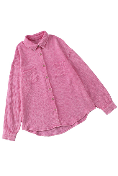 Pink Mineral Wash Crinkle Textured Chest Pockets Shirt