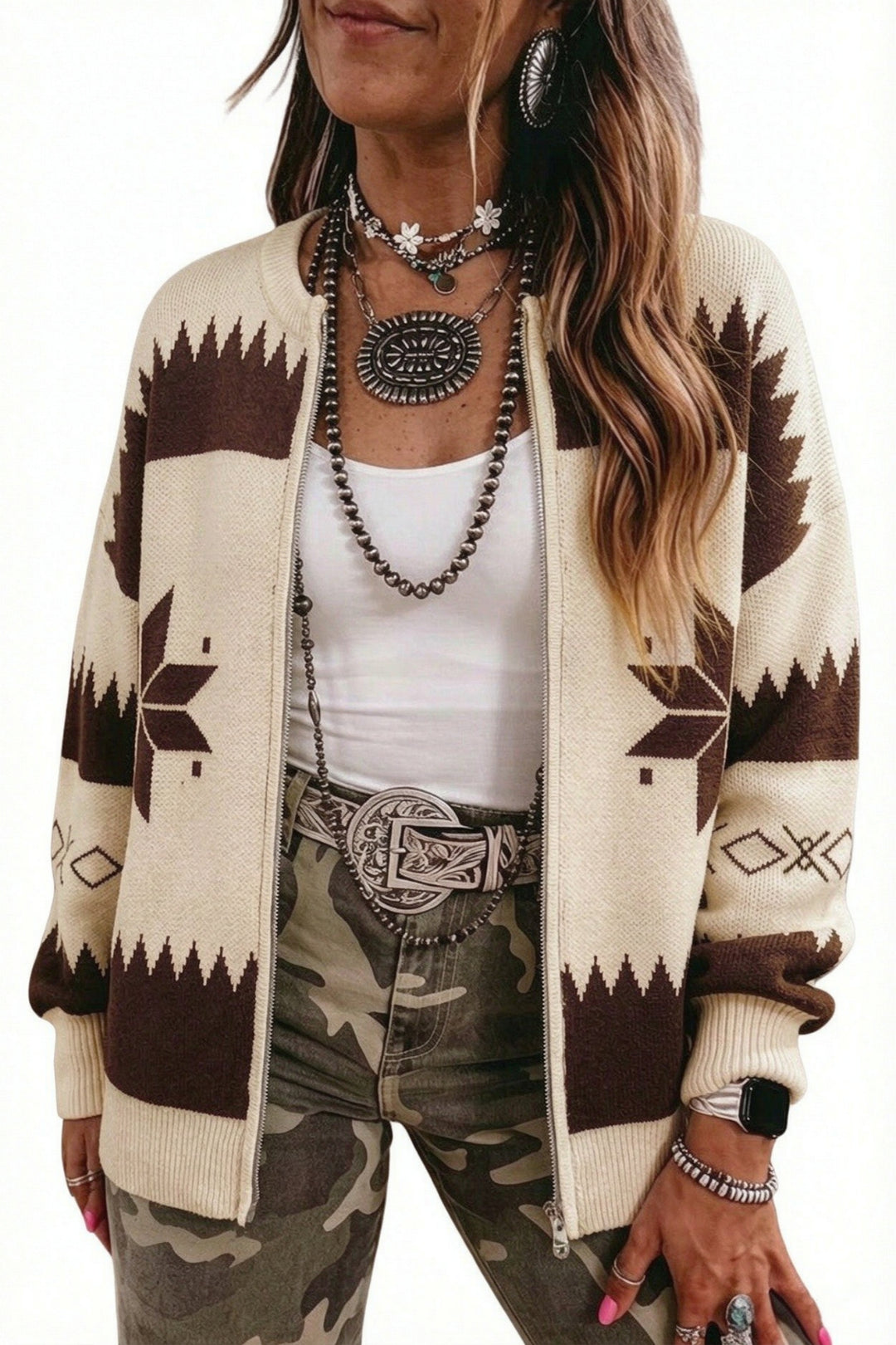 Beige Western Geometric Print Zip Front Loose Sweater Cardigan