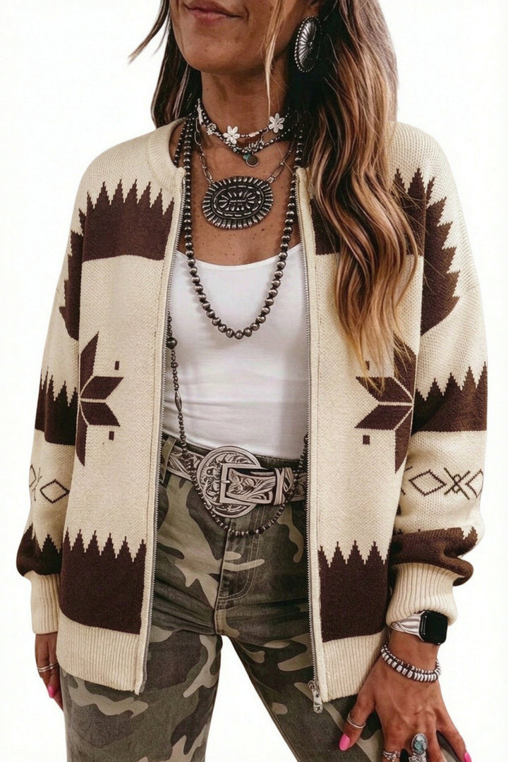 Beige Western Geometric Print Zip Front Loose Sweater Cardigan