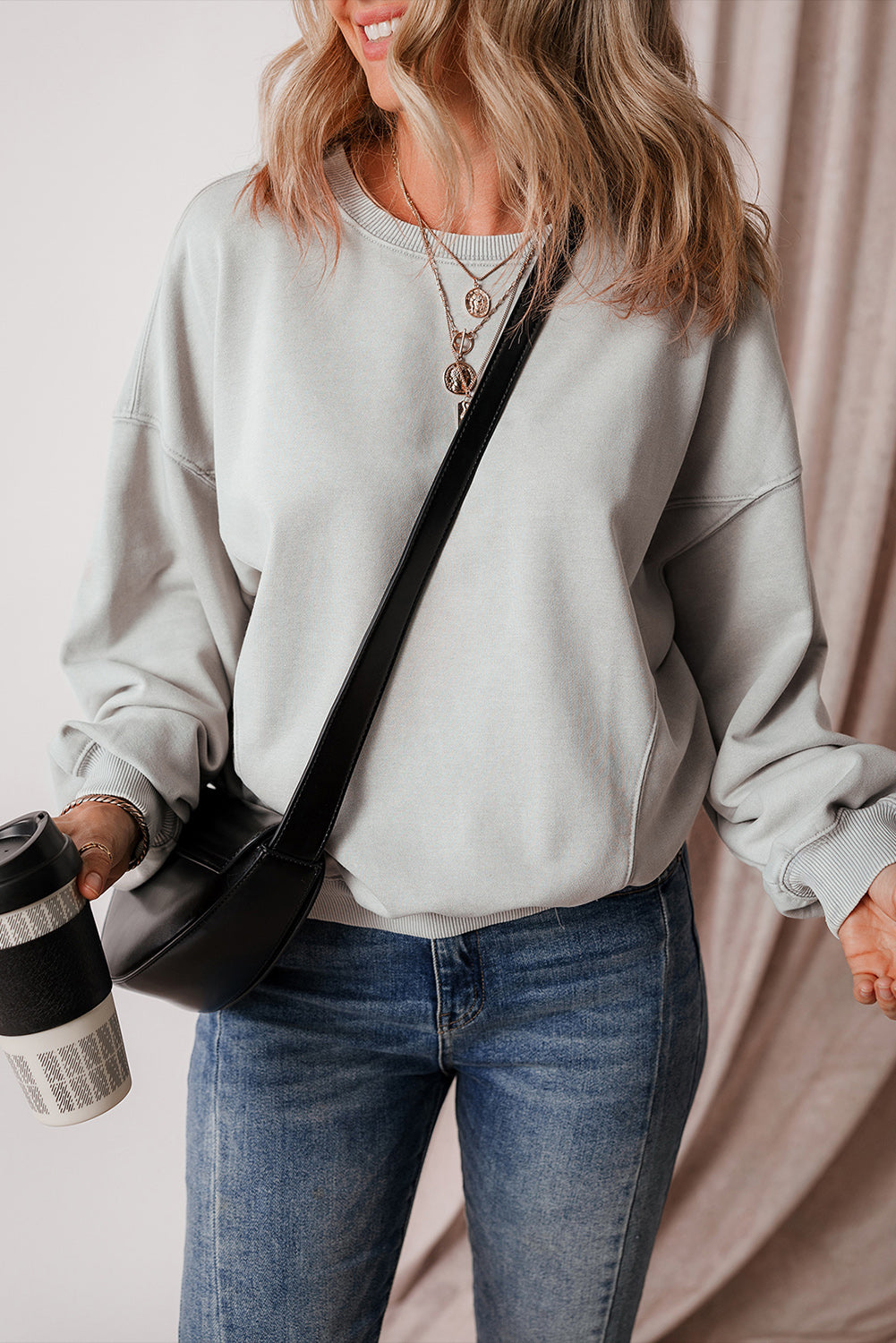 Gray Exposed Seam Batwing Sleeve Drop Shoulder Sweatshirt