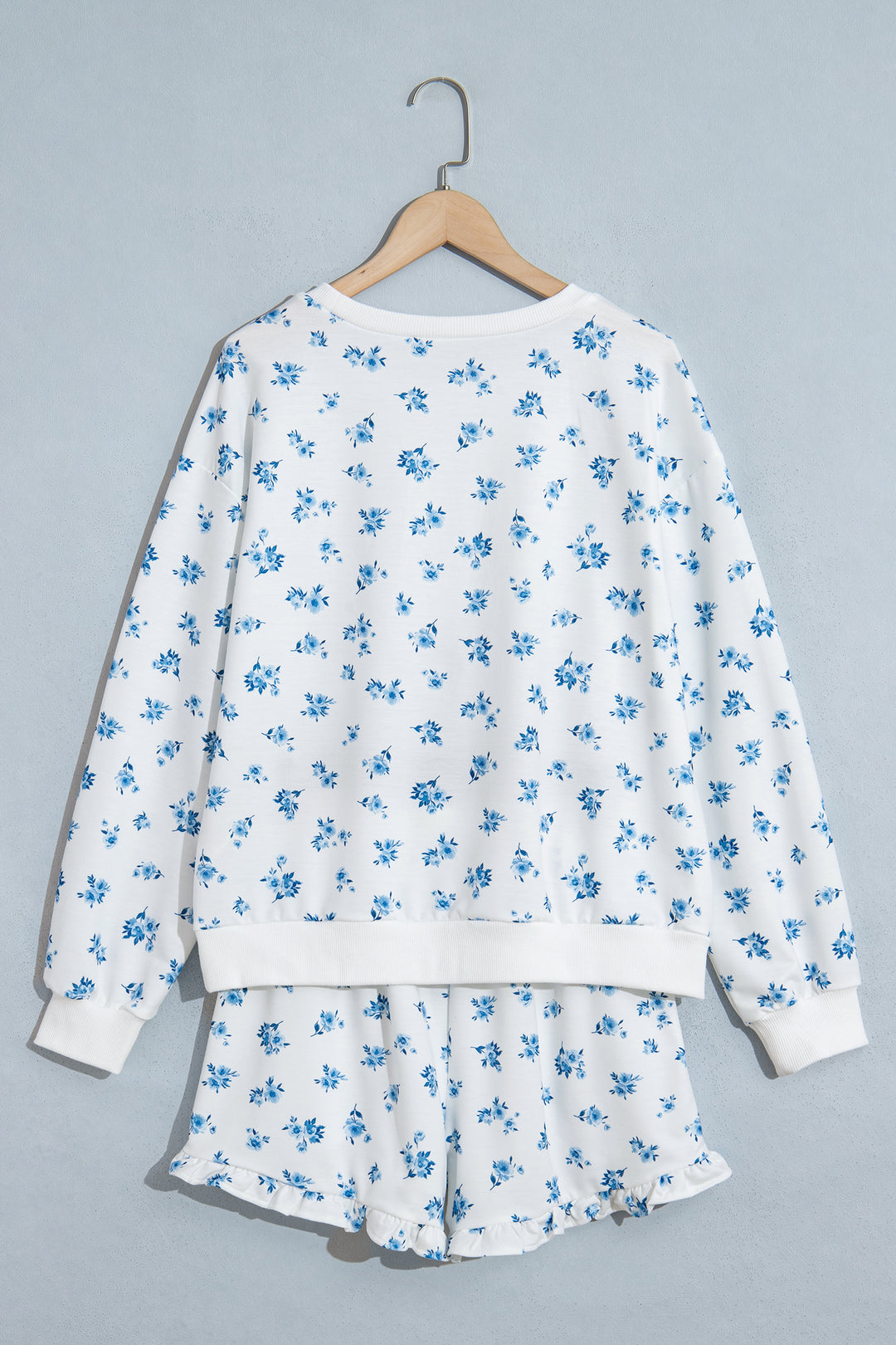 Sky Blue Floral Print Long Sleeve Top Elastic Waist Ruffle Hem Shorts 2pcs Set