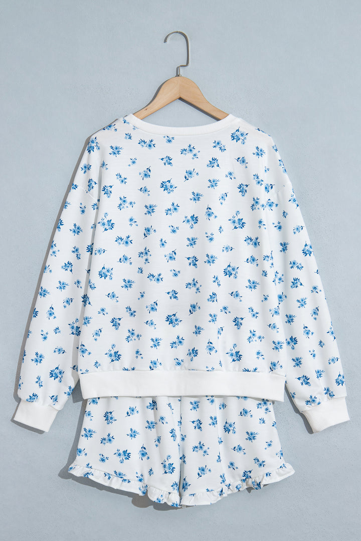 Sky Blue Floral Print Long Sleeve Top Elastic Waist Ruffle Hem Shorts 2pcs Set