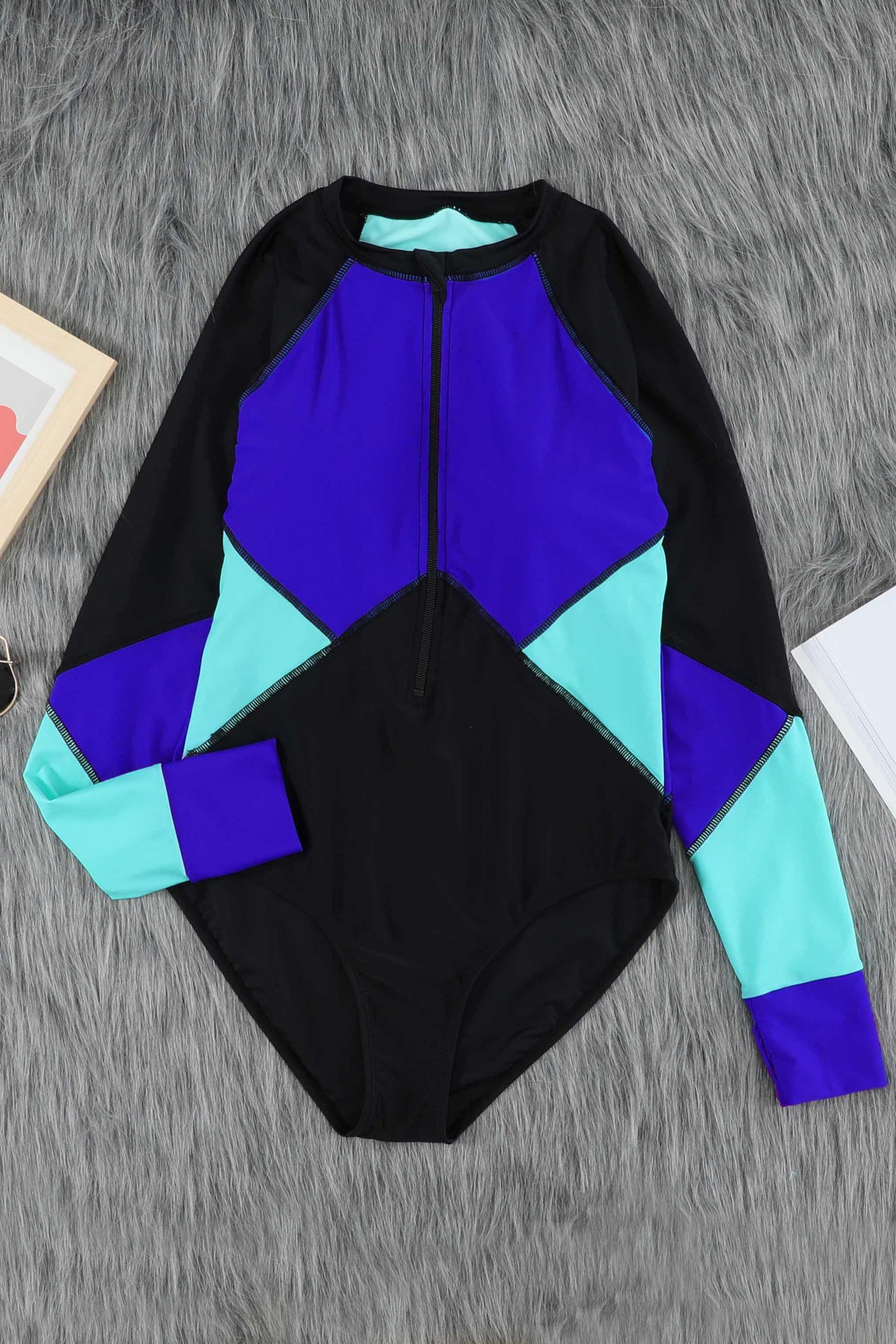 Green  Color Block Zipper Long Sleeve Rash Guard Swimwear