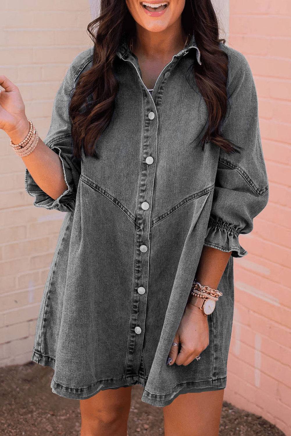 Gray Buttoned Long Sleeve Denim Mini Dress