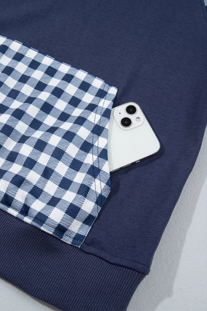 Navy Blue Patchwork Plaid Pocket Quarter Zip Sweatshirt