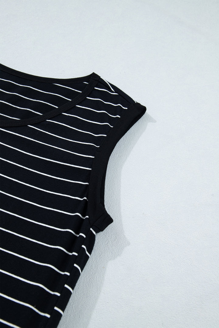 Black Stripe Drawstring Tunic Tank Mini Dress with Pockets