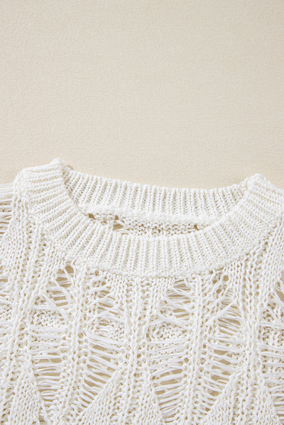 White Cut Out Crochet Crew Neck Loose Fit Sweater