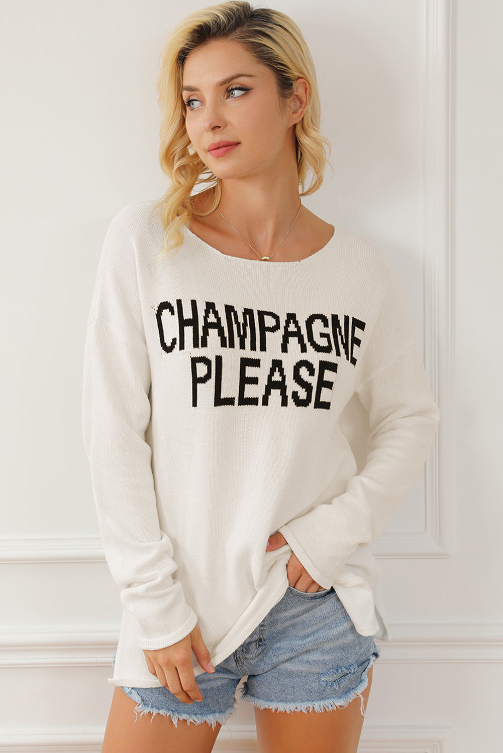 CHAMPAGNE PLEASE Long Sleeve Slit Sweater - Sybaritic Bags & Clothing