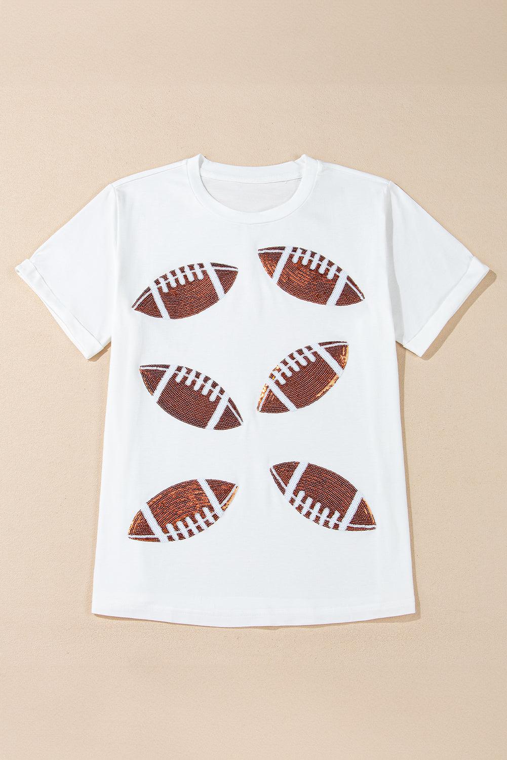 White Sequined Rugby Football Graphic Cotton T Shirt