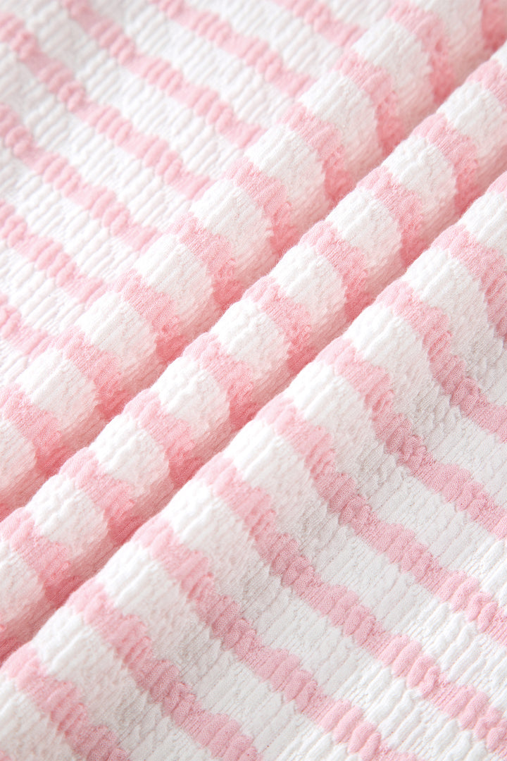 Pink Stripe Plus Size V Neck Exposed Seam Patchwork T Shirt