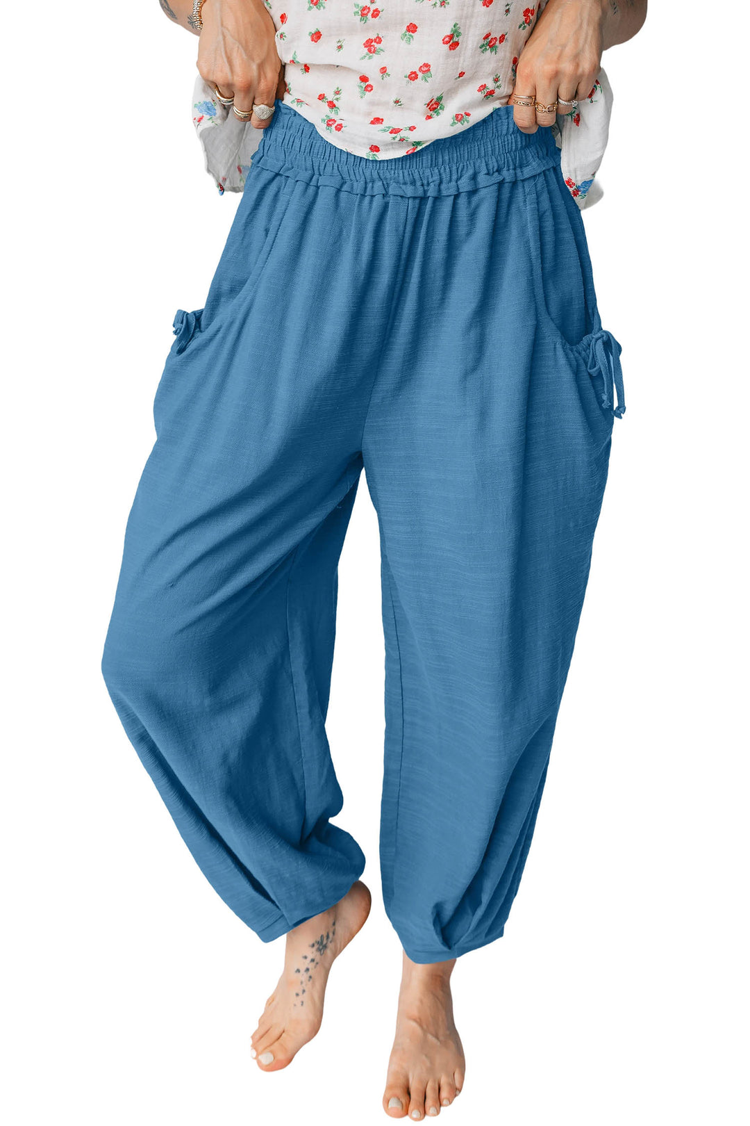 Prussian Blue Smocked Waist Casual Jogger Style Pants