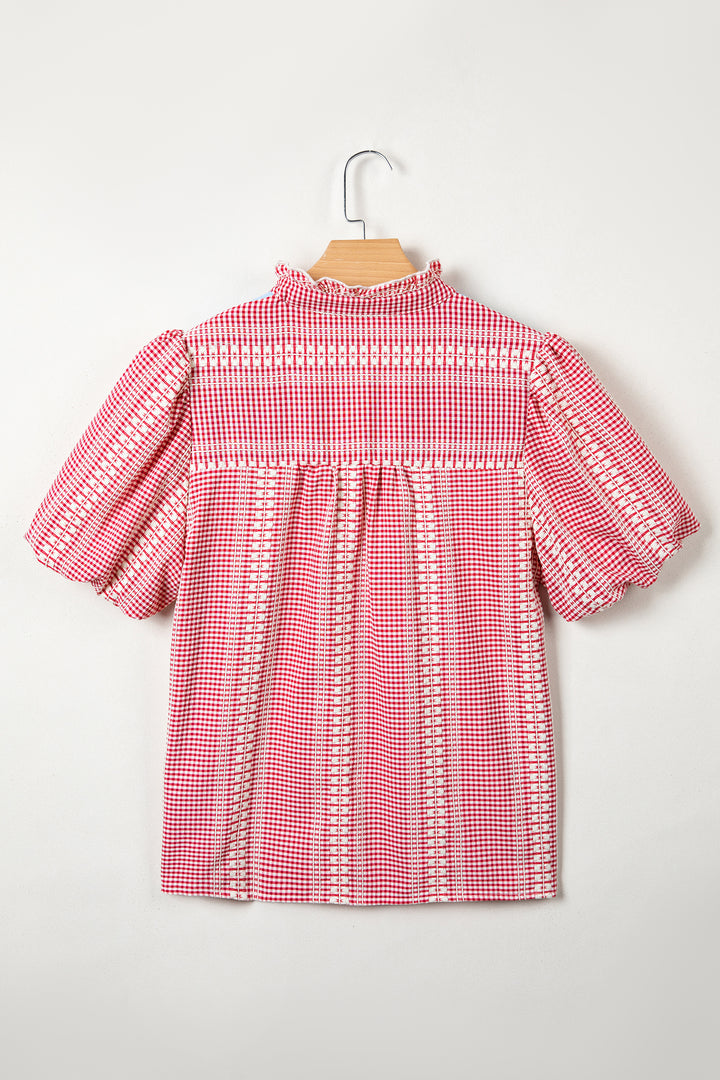 Red Western Pony Embroidered Yoke Puff Sleeve Gingham Blouse