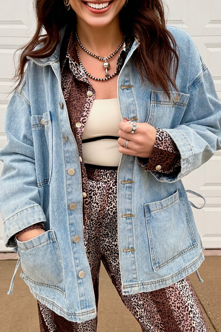 Beau Blue Multi Patched Pockets Side Tie up Boyfriend Style Denim Jacket