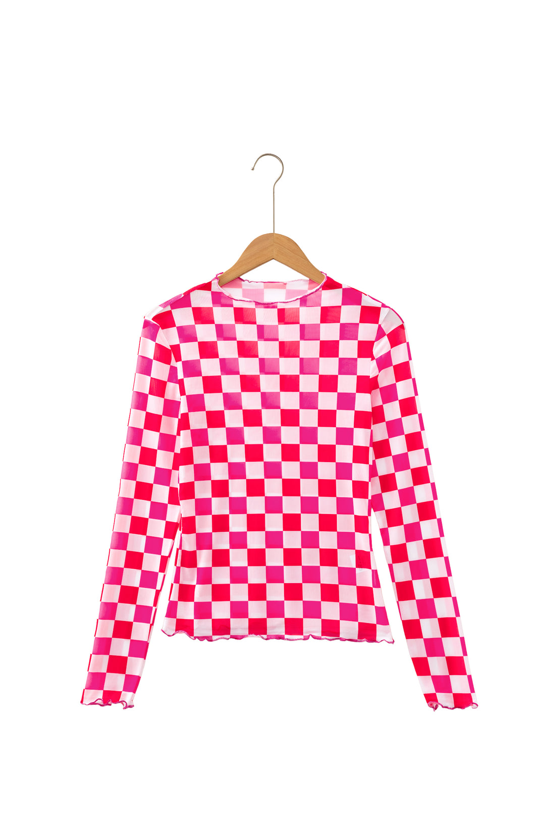 Black Plaid Heart Mesh Sheer Long Sleeve High Neck Blouse