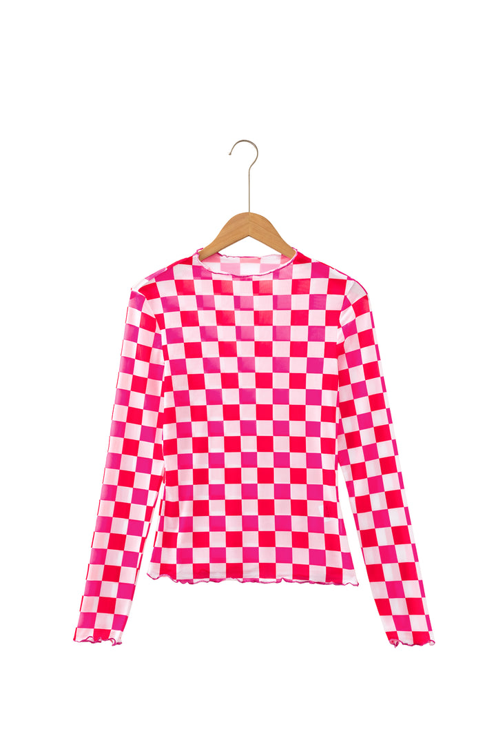 Black Plaid Heart Mesh Sheer Long Sleeve High Neck Blouse