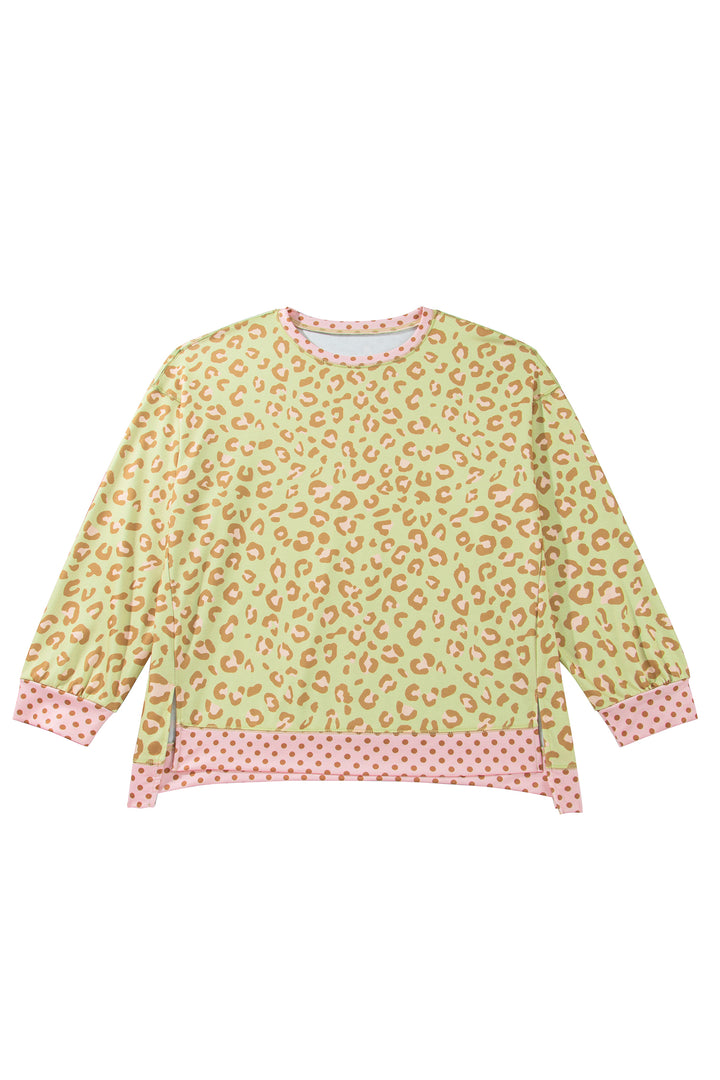 Khaki Plus Size Leopard Print Contrast Polka Dot Trim Long Sleeve Top