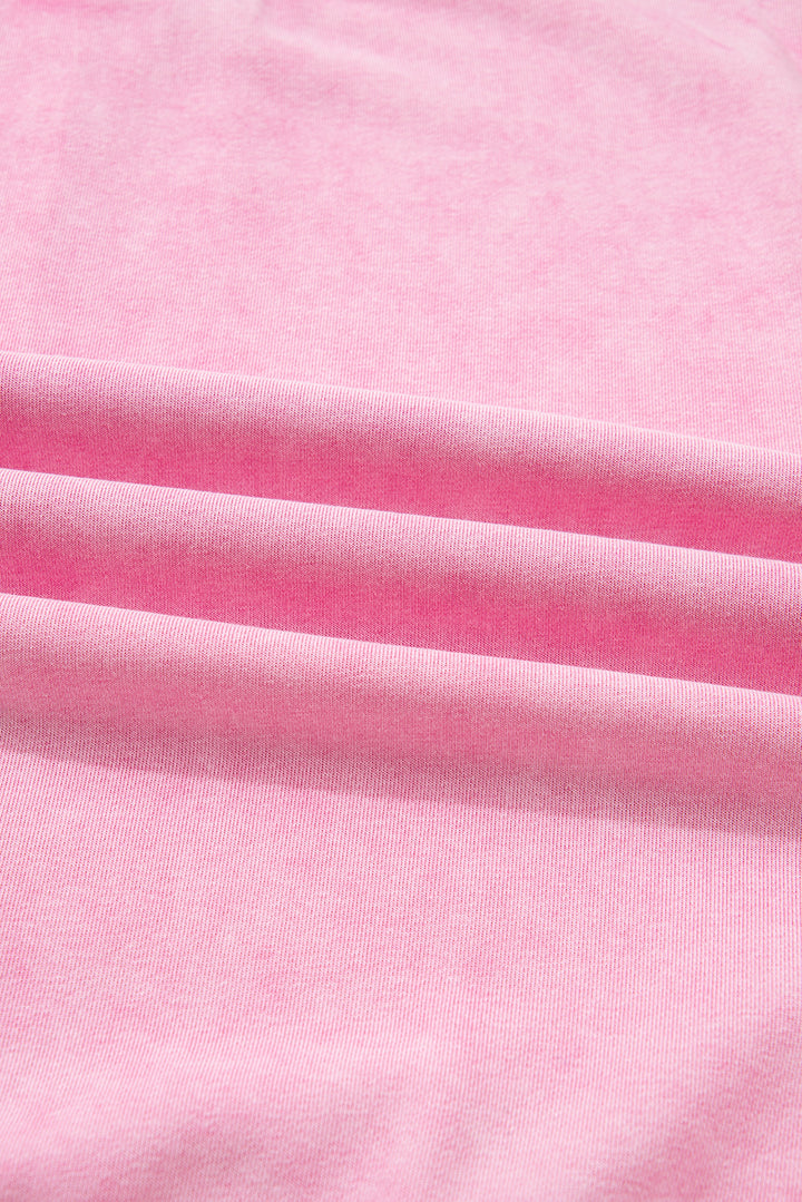 Bright Pink Mineral Wash Crossed Crew Neck Drop Shoulder Loose Sweatshirt