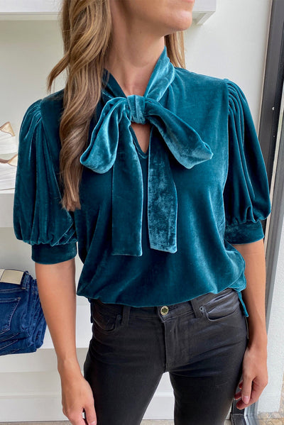 Peacock Blue Velvet Bow Tie Neck Short Sleeve Top