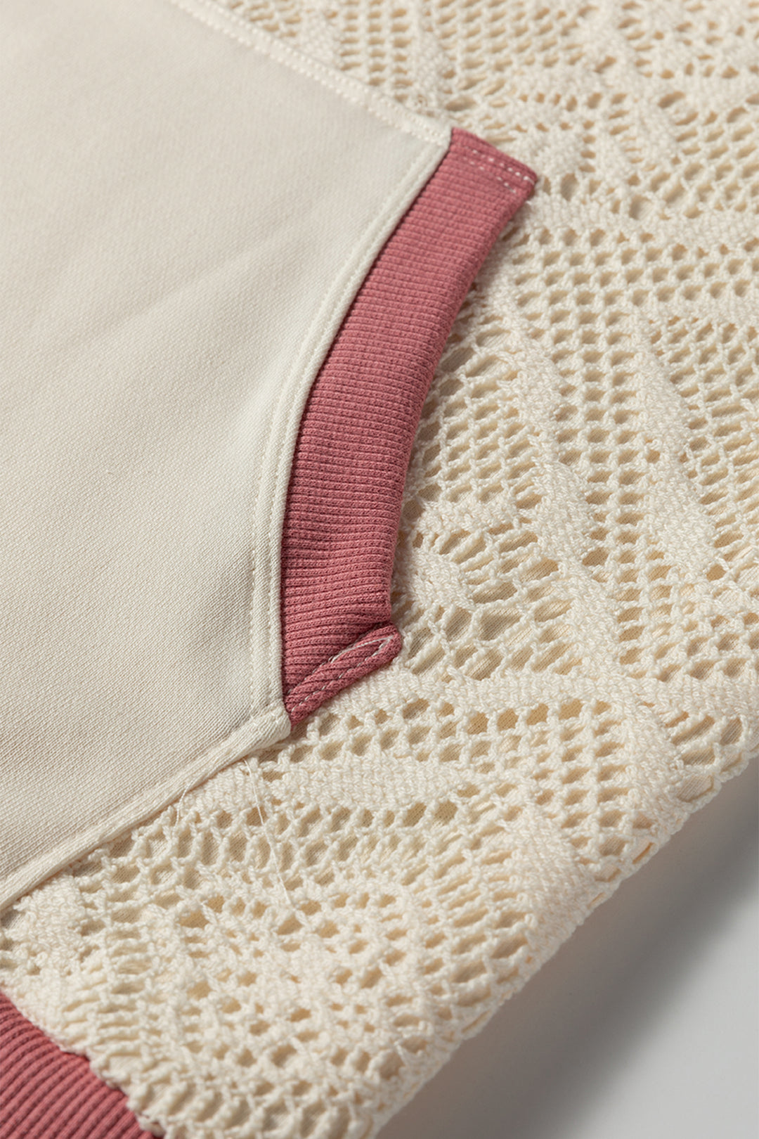 White Contrast Trim Crochet Knit Patchwork Exposed Seam Hoodie
