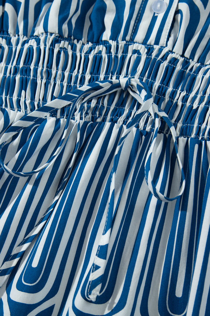 Blue Geometric Print Short Sleeve Drawstring Shirt Collar Dress