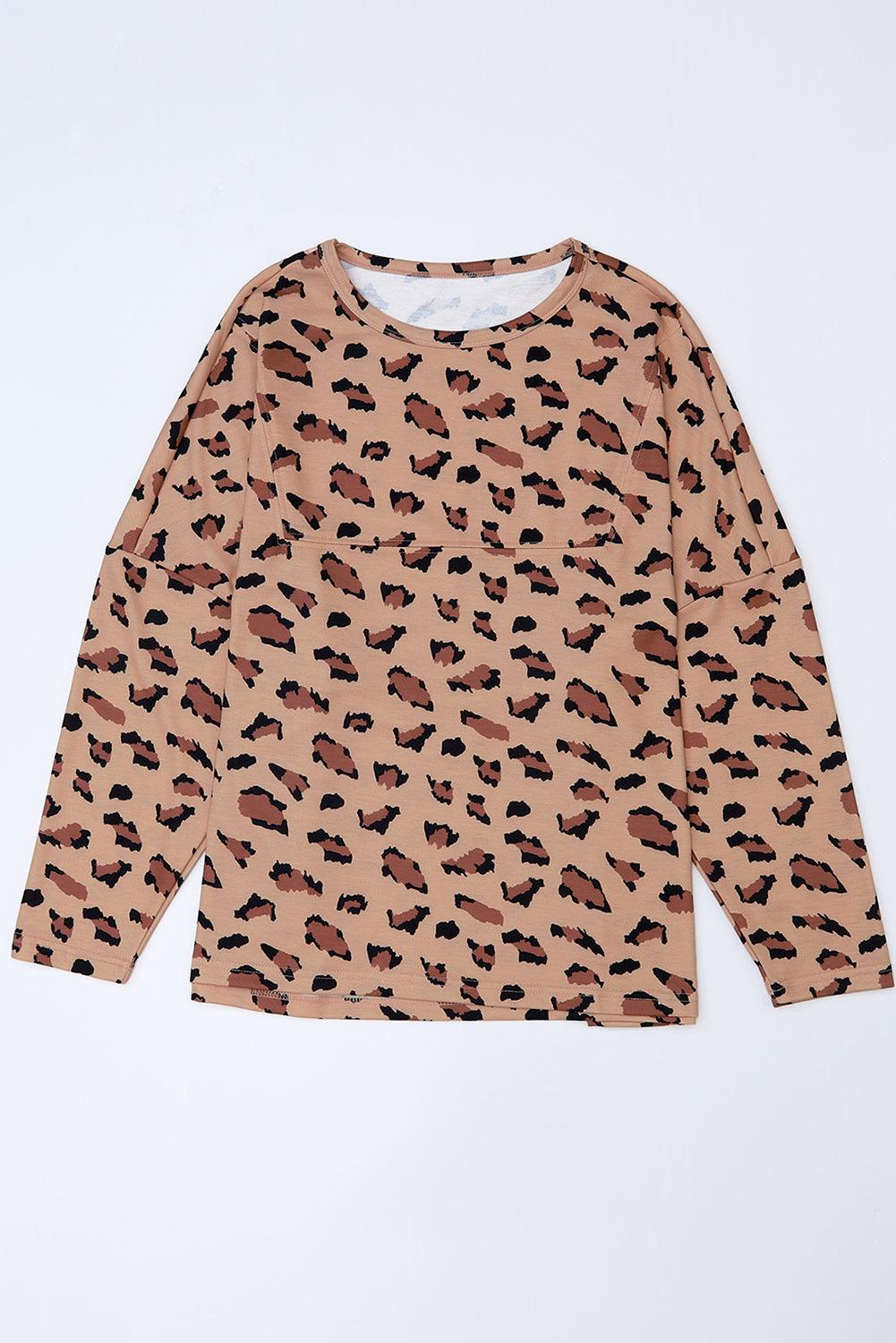 Brown Animal Print Stitching Loose Long Sleeve Top