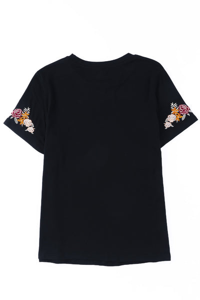 Black Floral Embroidered Round Neck Short Sleeve T Shirt