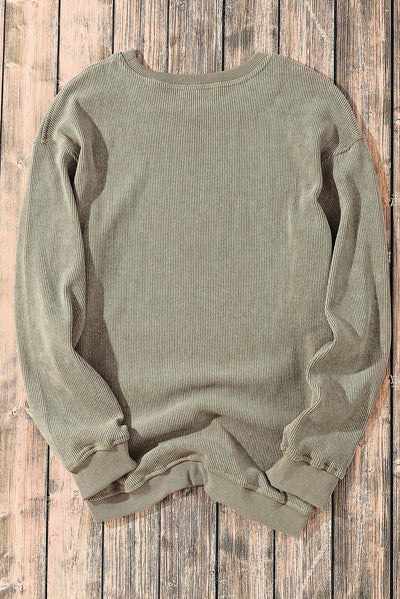 Green Solid Ribbed Knit Round Neck Pullover Sweatshirt