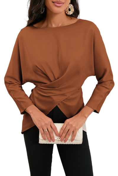 Brown Lace-up Wrapped Split Hem Solid Long Sleeve Top