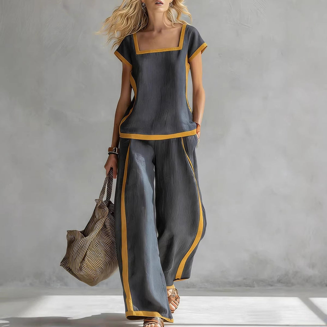 Solid Color Shirt &amp; Wide-Leg Trousers Two-Piece Set