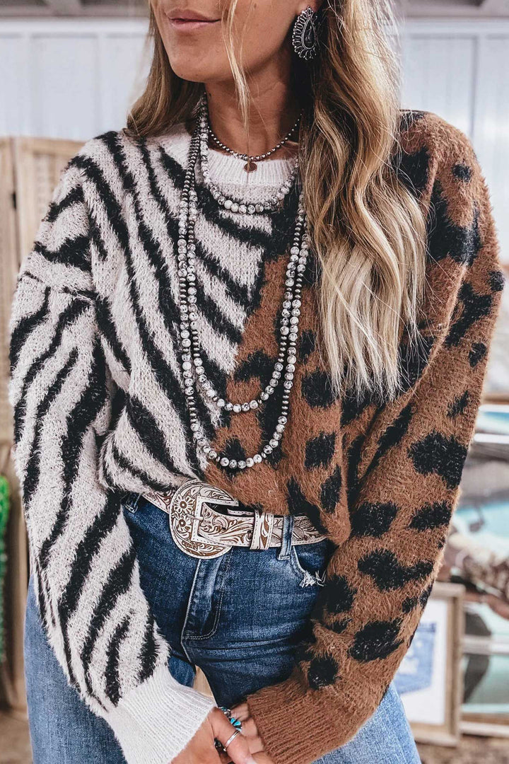 Coffee Western Leopard Zebra Print Long Sleeve Round Neck Sweater