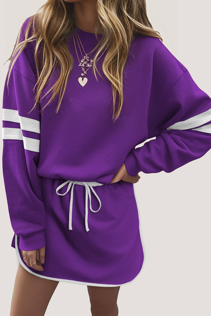 Orange Varsity Stripe Detail Drop Shoulder Pullover Mini Skirt Set