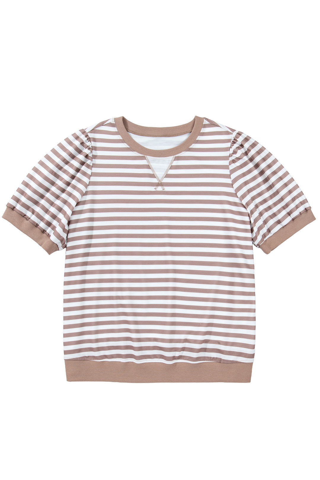 Orange Stripe Ribbed Trim Round Neck Short Puff Sleeve Plus T Shirt
