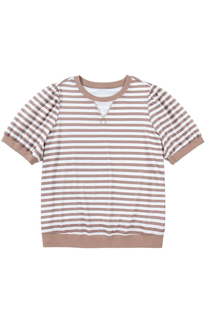 Orange Stripe Ribbed Trim Round Neck Short Puff Sleeve Plus T Shirt