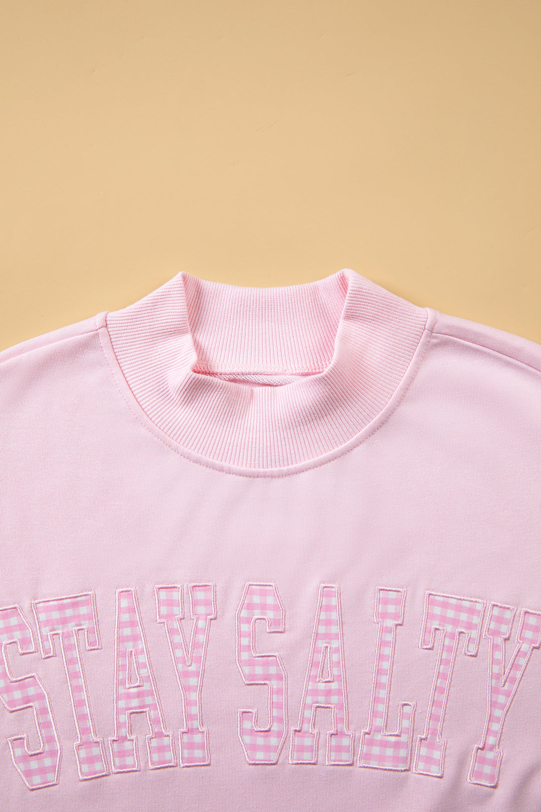 Pink Stay Salty Embroidered Long Sleeve Stand Neck Shift Pullover Sweatshirt