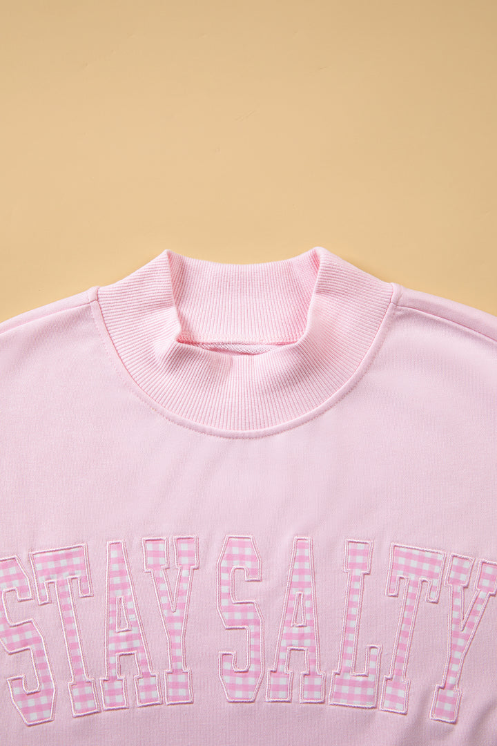 Pink Stay Salty Embroidered Long Sleeve Stand Neck Shift Pullover Sweatshirt