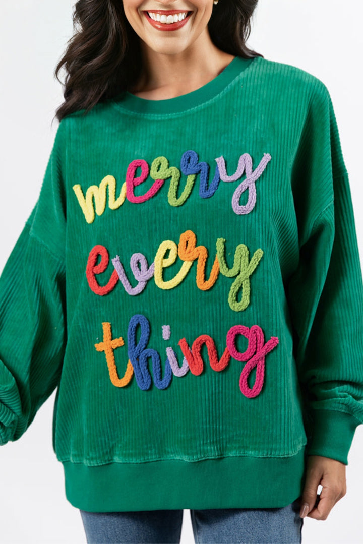 Dark Green merry little thing Corded Letter Graphic Ribbed Loose Sweatshirt