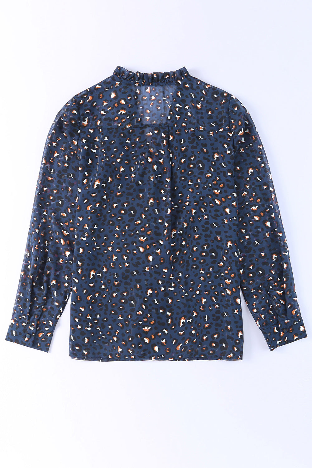 Blue Leopard Sheer Button Front Long Sleeve Shirt