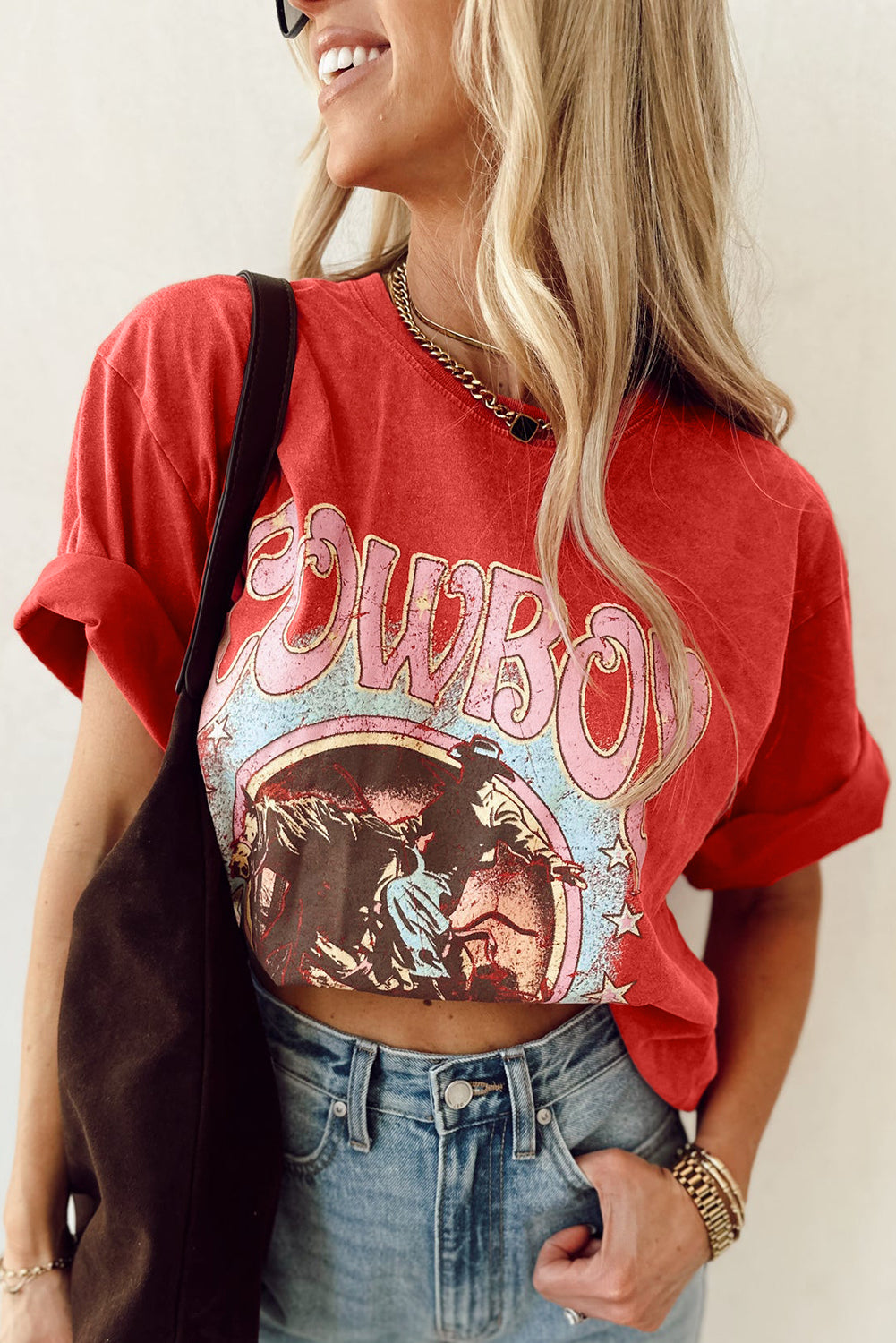 Tomato Red COWBOY Take Me Away Graphic Western Loose Tee