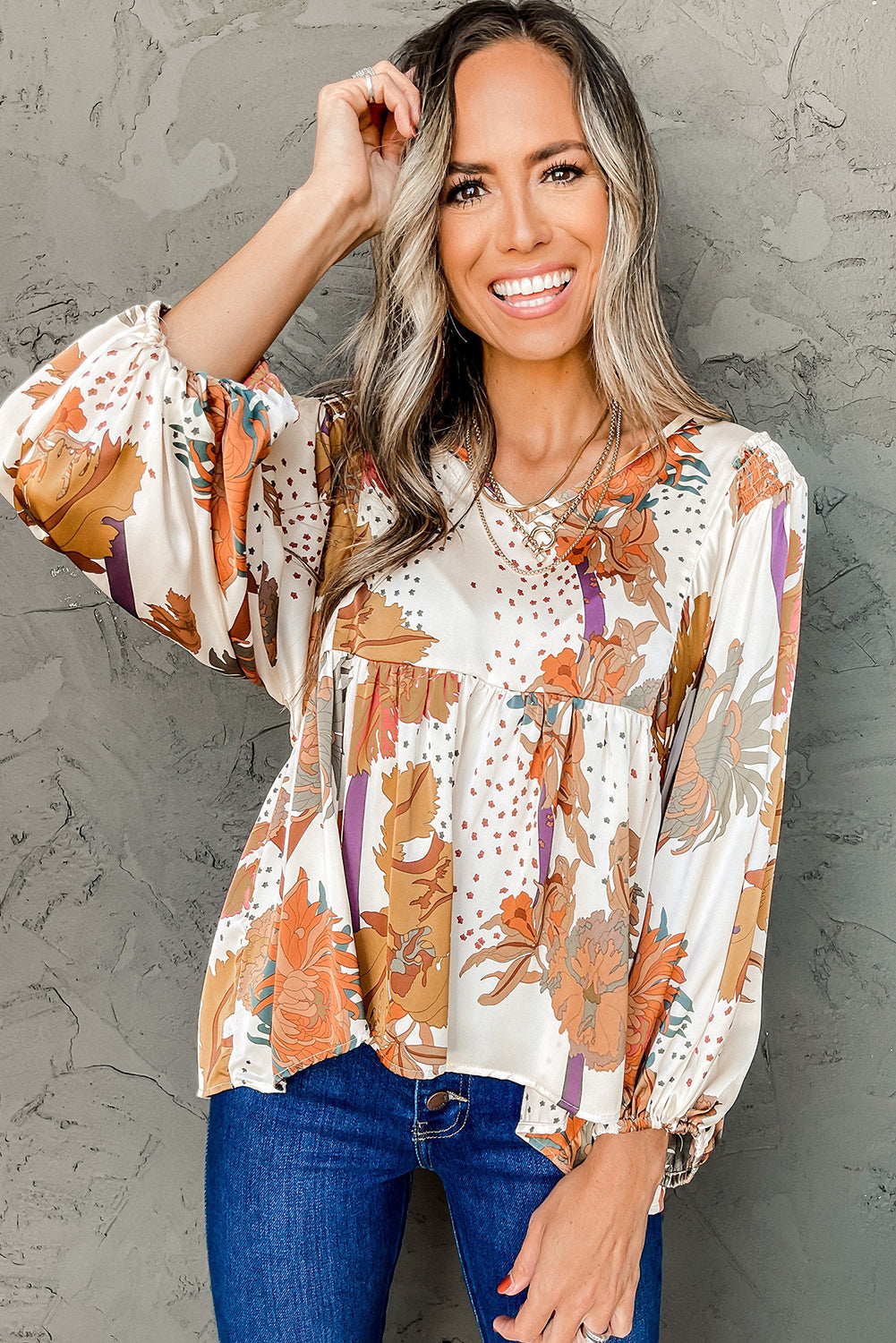 Multicolour Floral Print V Neck Babydoll Blouse