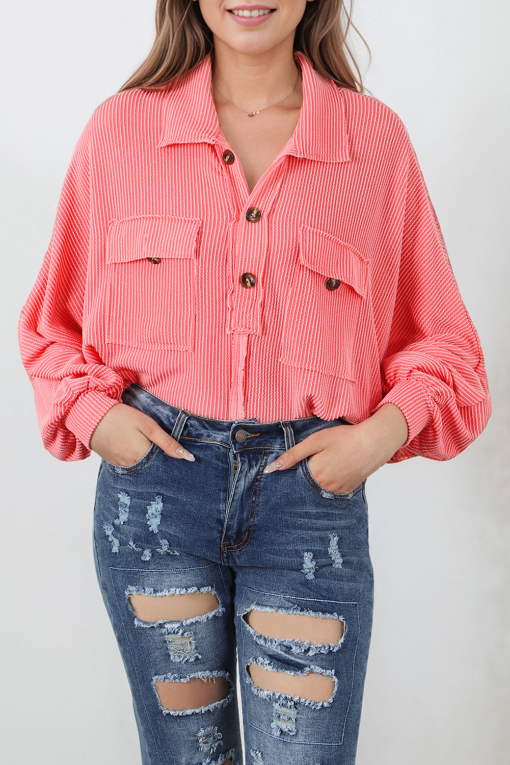 Pink Corded Flap Pocket Henley Top