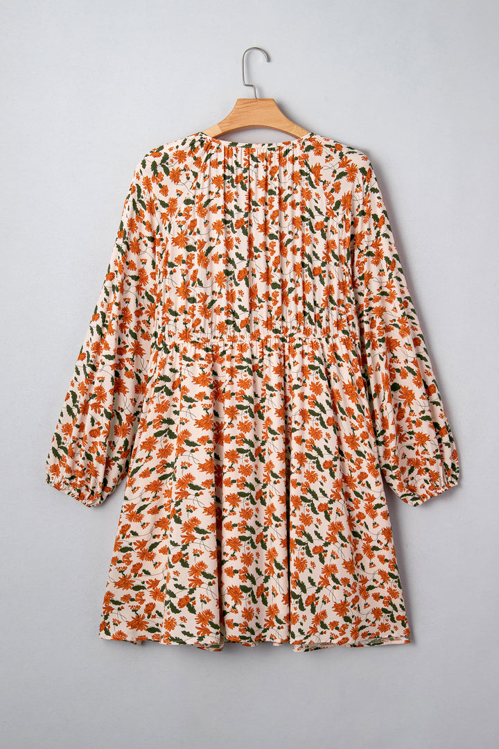Beige Plus Size Floral Print V Neck Long Sleeve Babydoll Short Dress