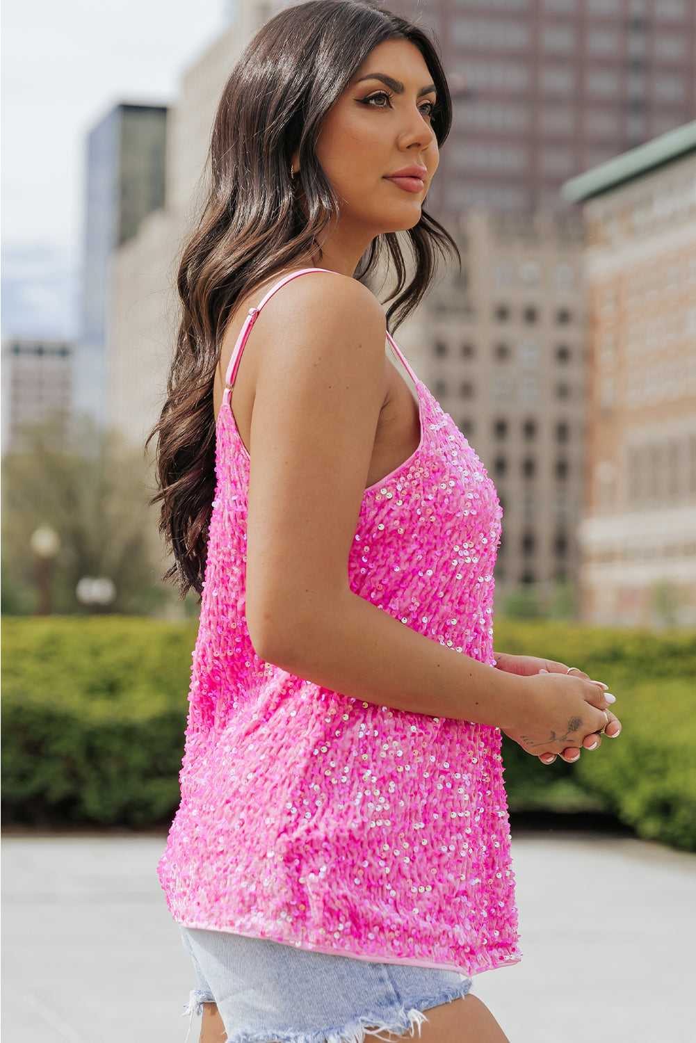 Pink Sequin Adjustable Straps Tank Top