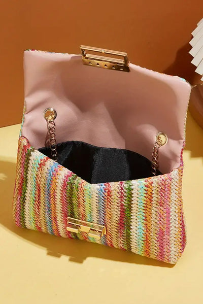 Strawberry Pink Bohemian Woven Gold Chain Shoulder Bag