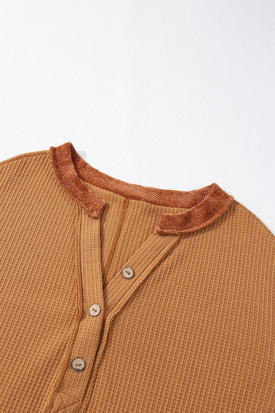 Orange Contrast Patched Exposed Seam Waffle Knit Henley Top