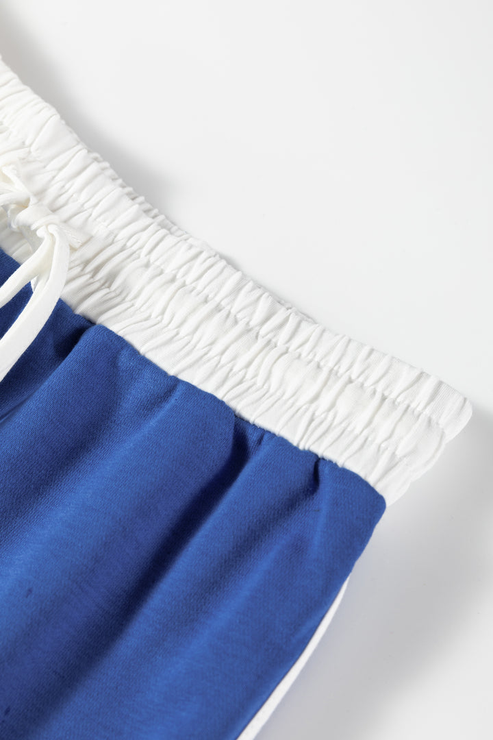 Sky Blue Varsity Stripe Detail Drop Shoulder Pullover Mini Skirt Set