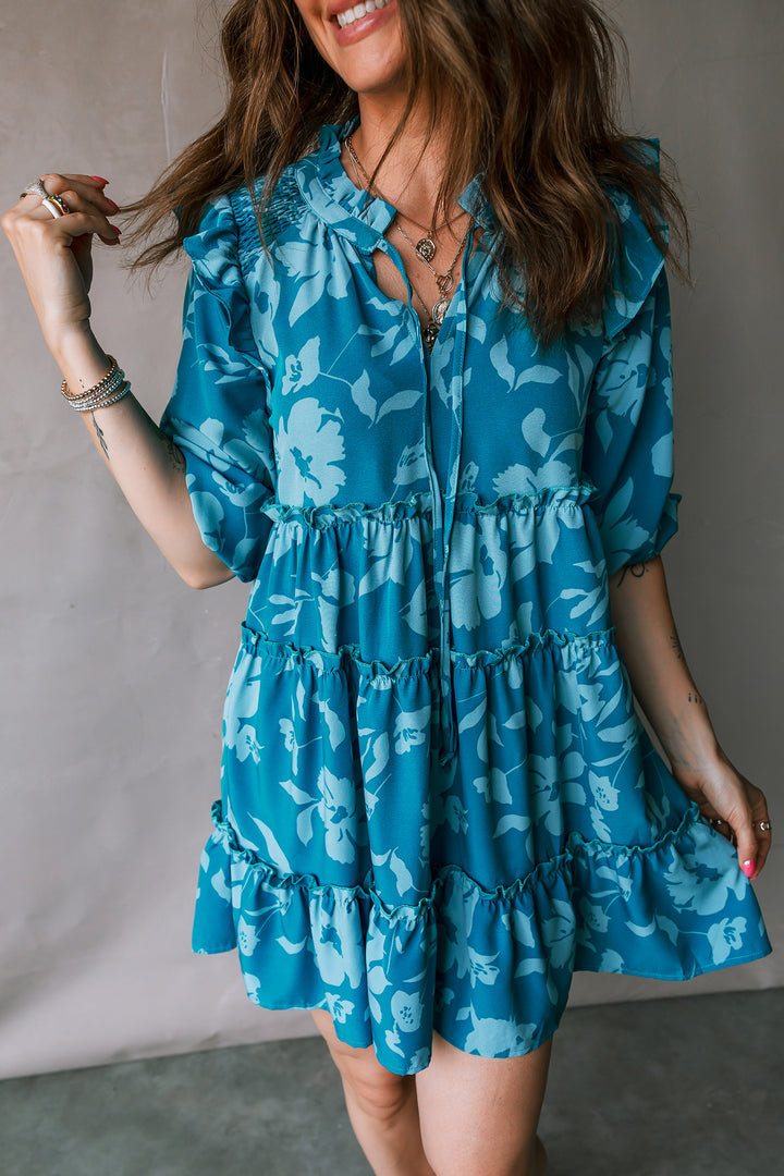 Blue Flower Half Sleeve Tiered Ruffled Mini Dress